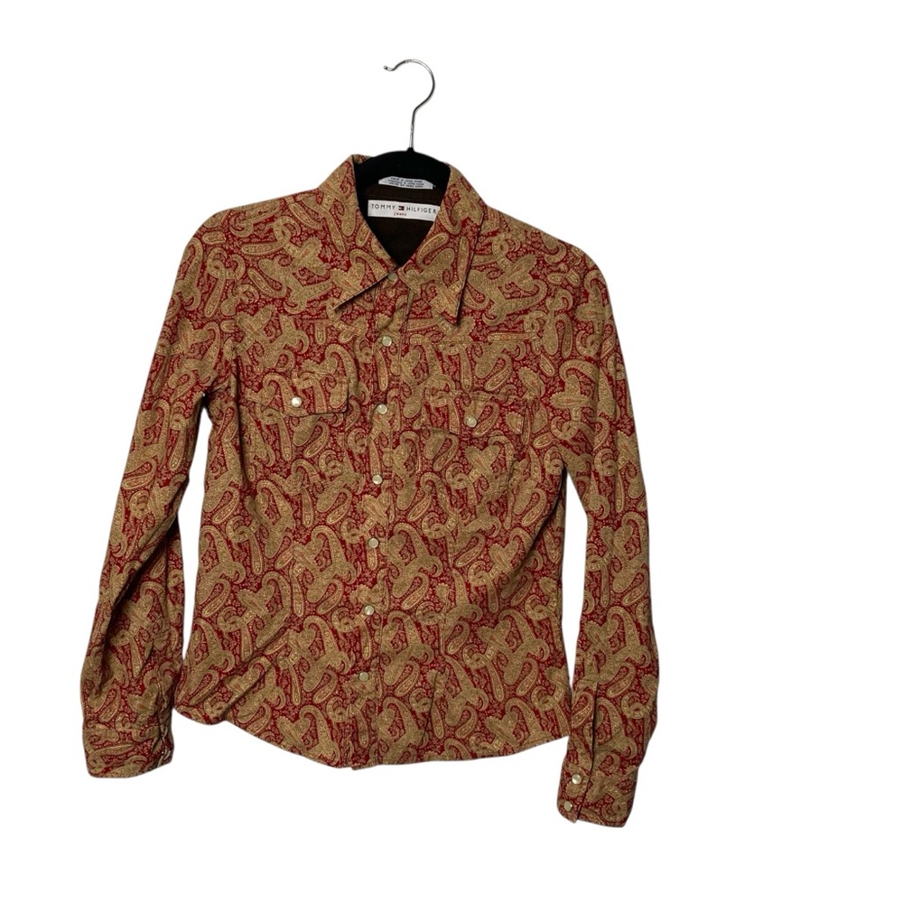 Tommy Hilfiger Vintage Fine Corduroy Paisley Pearl Snap Long Sleeve Top Size M
